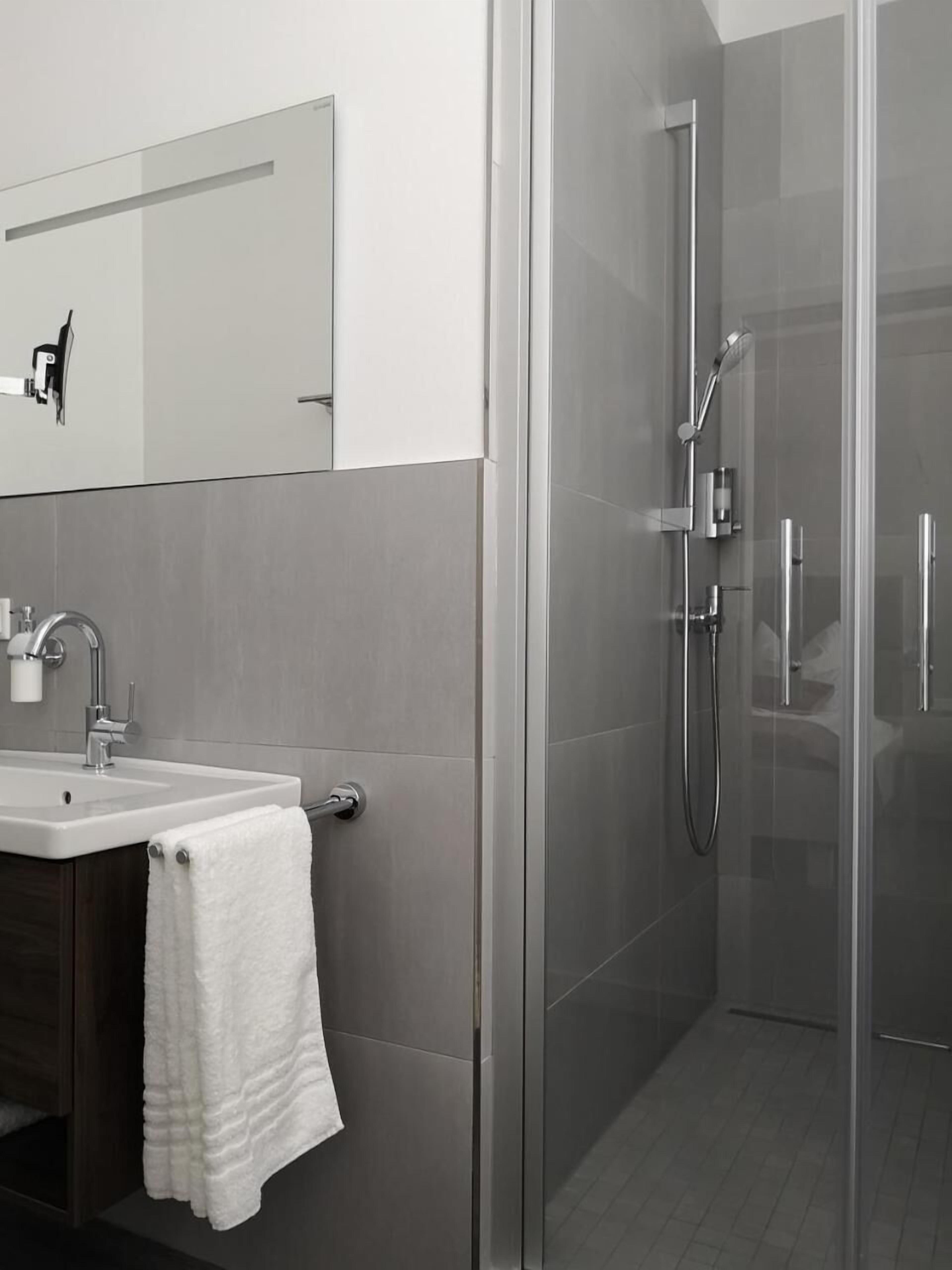 Shower, hair dryer, towels