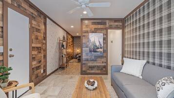 Smart TV, chimenea, libros y estéreo