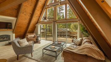 Smart TV, chimenea, libros y estéreo