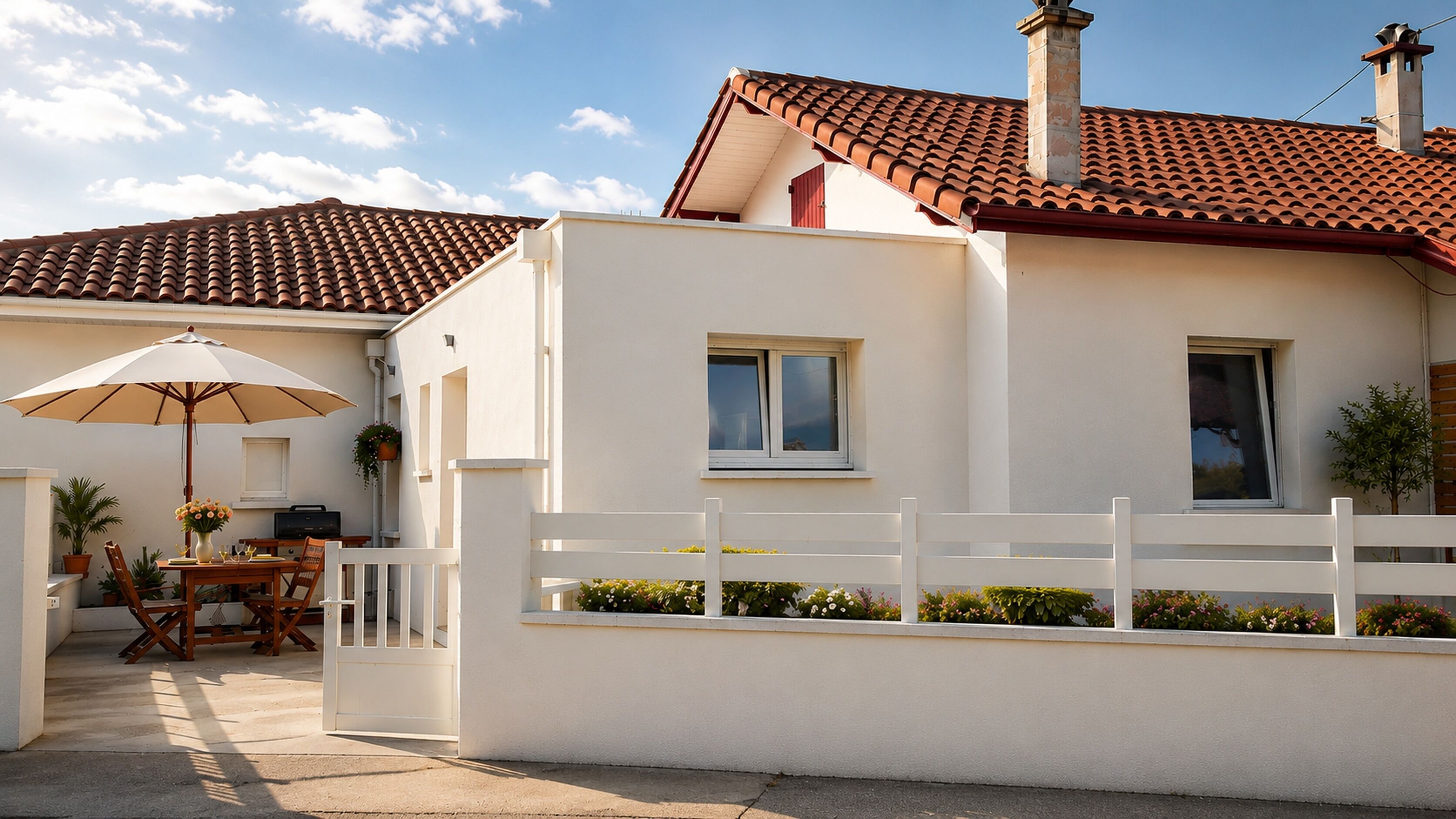A two-story house with a white exterior, a red-tiled roof, and a white fence.