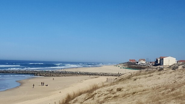 A beach with a rocky shoreline, a few people, and buildings in the background.