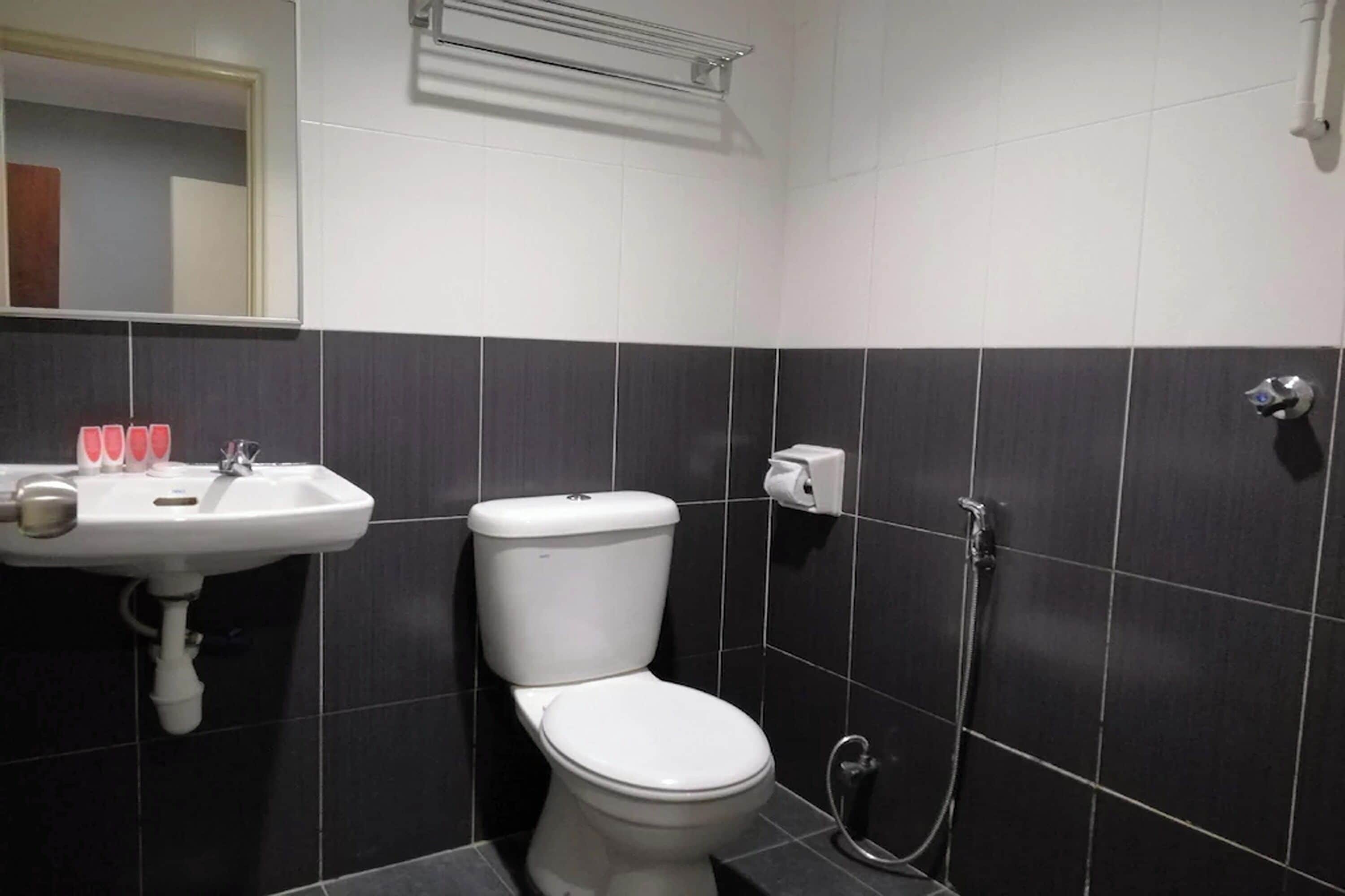 A bathroom with a white sink, a toilet, and a shower.