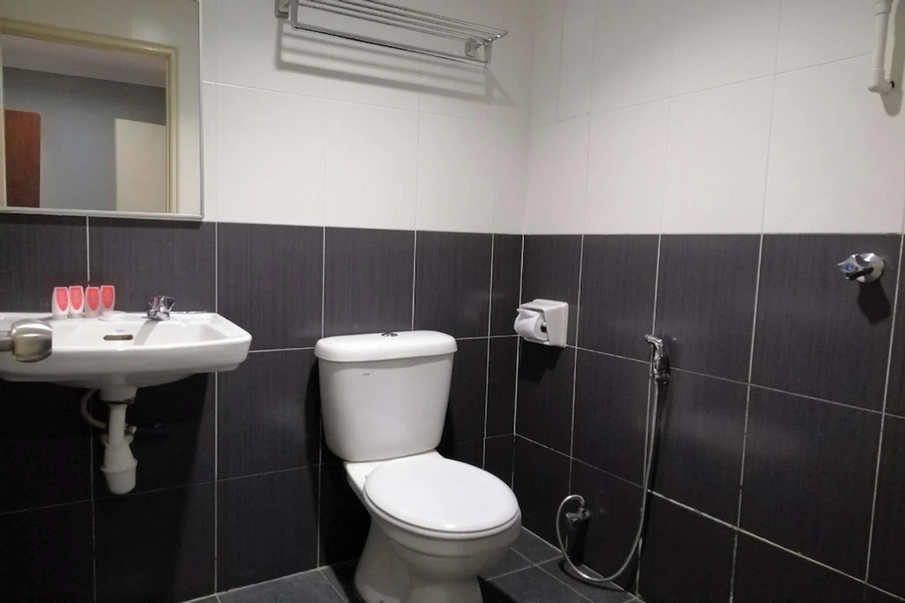A bathroom with a white sink, a toilet, and a shower.