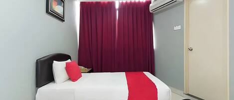 Un dormitorio con cama, puerta, equipo de aire acondicionado, un cuadro en la pared y ventana con cortinas.