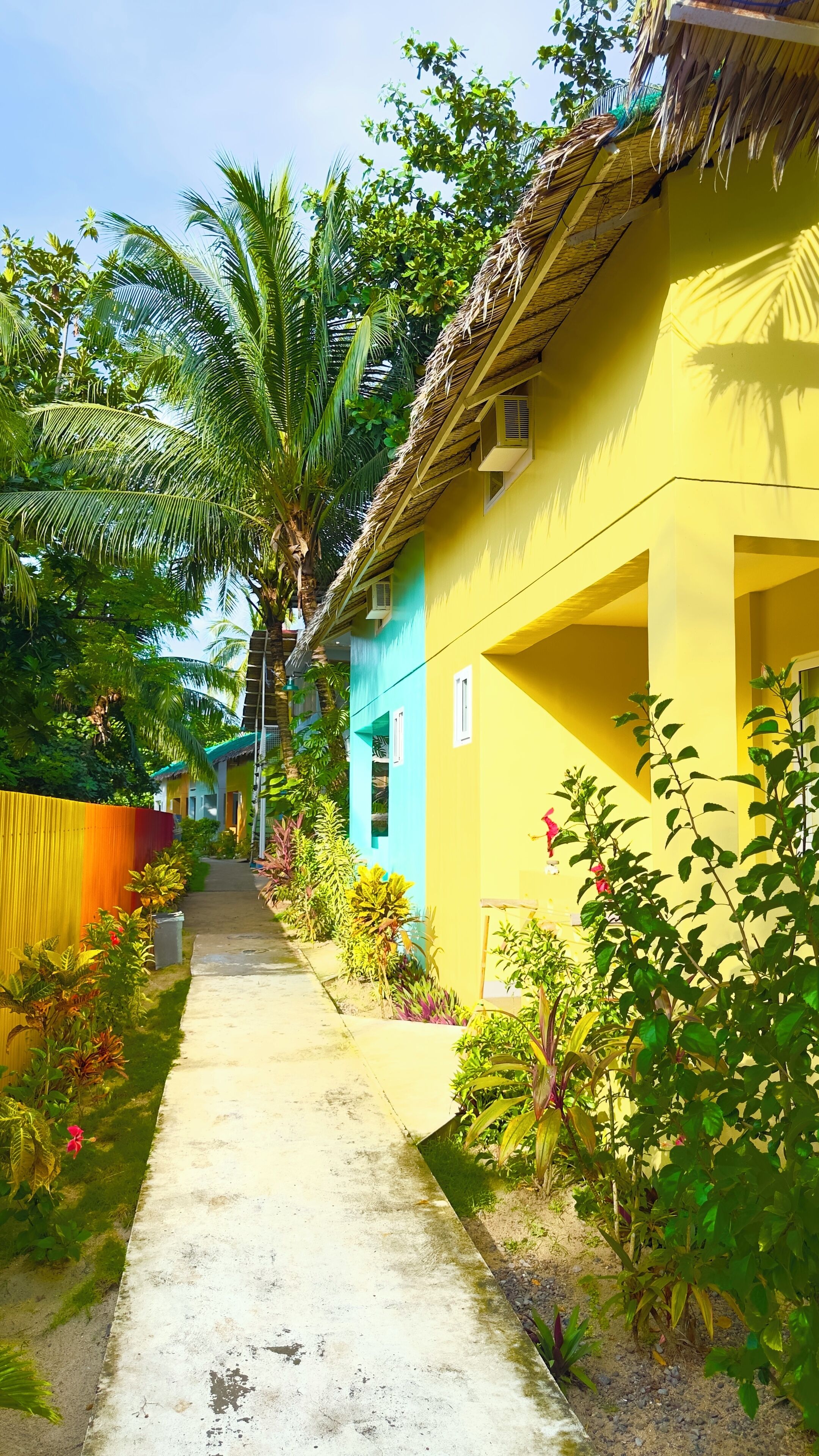 A narrow pathway leading to a row of colorful houses with thatched roofs, surrounded by lush greenery.