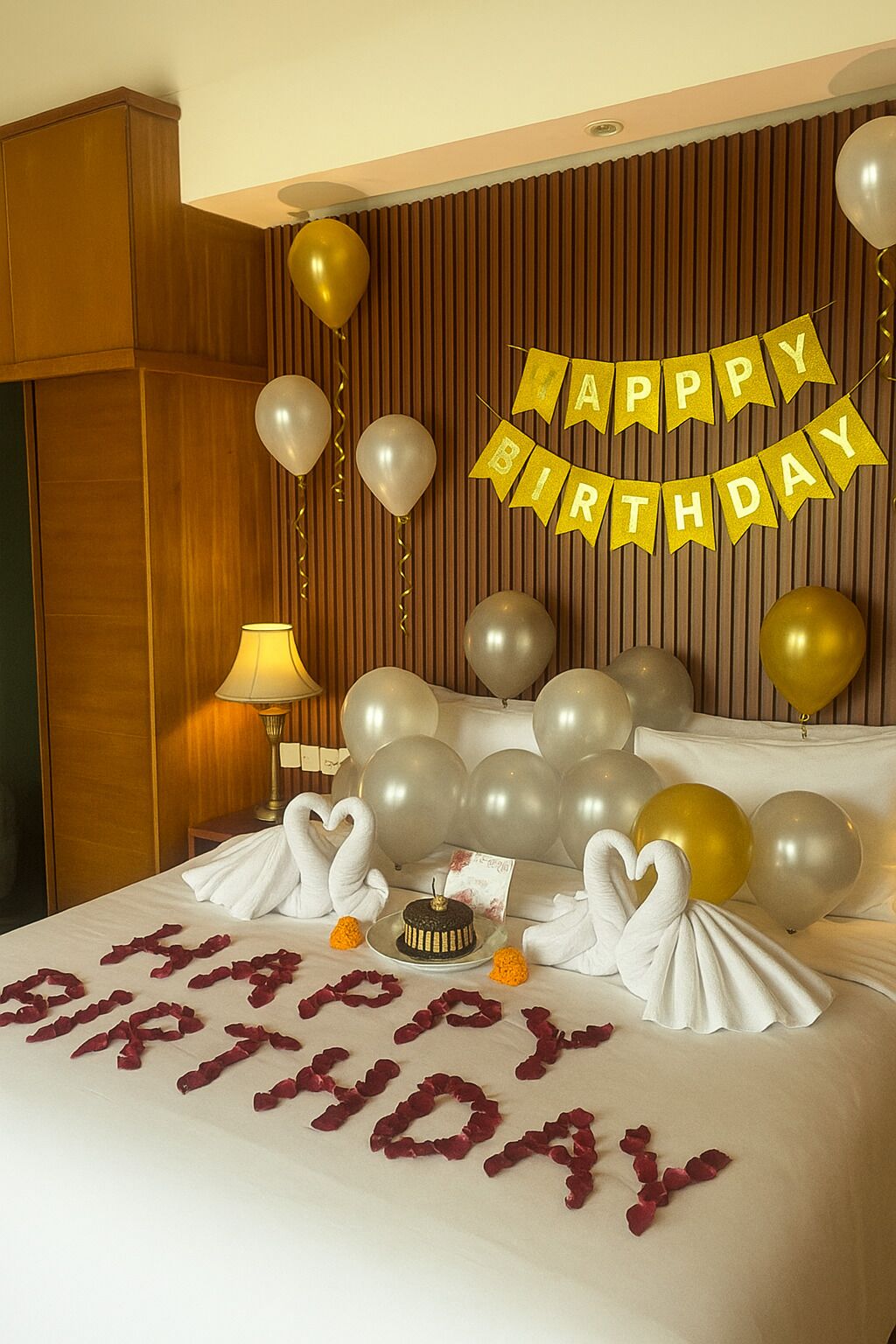 A hotel room with a bed, a "Happy Birthday" banner, balloons, and a cake.