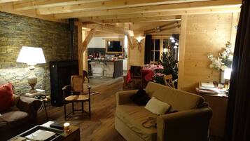 Télévision, cheminée, lecteur de DVD, livres