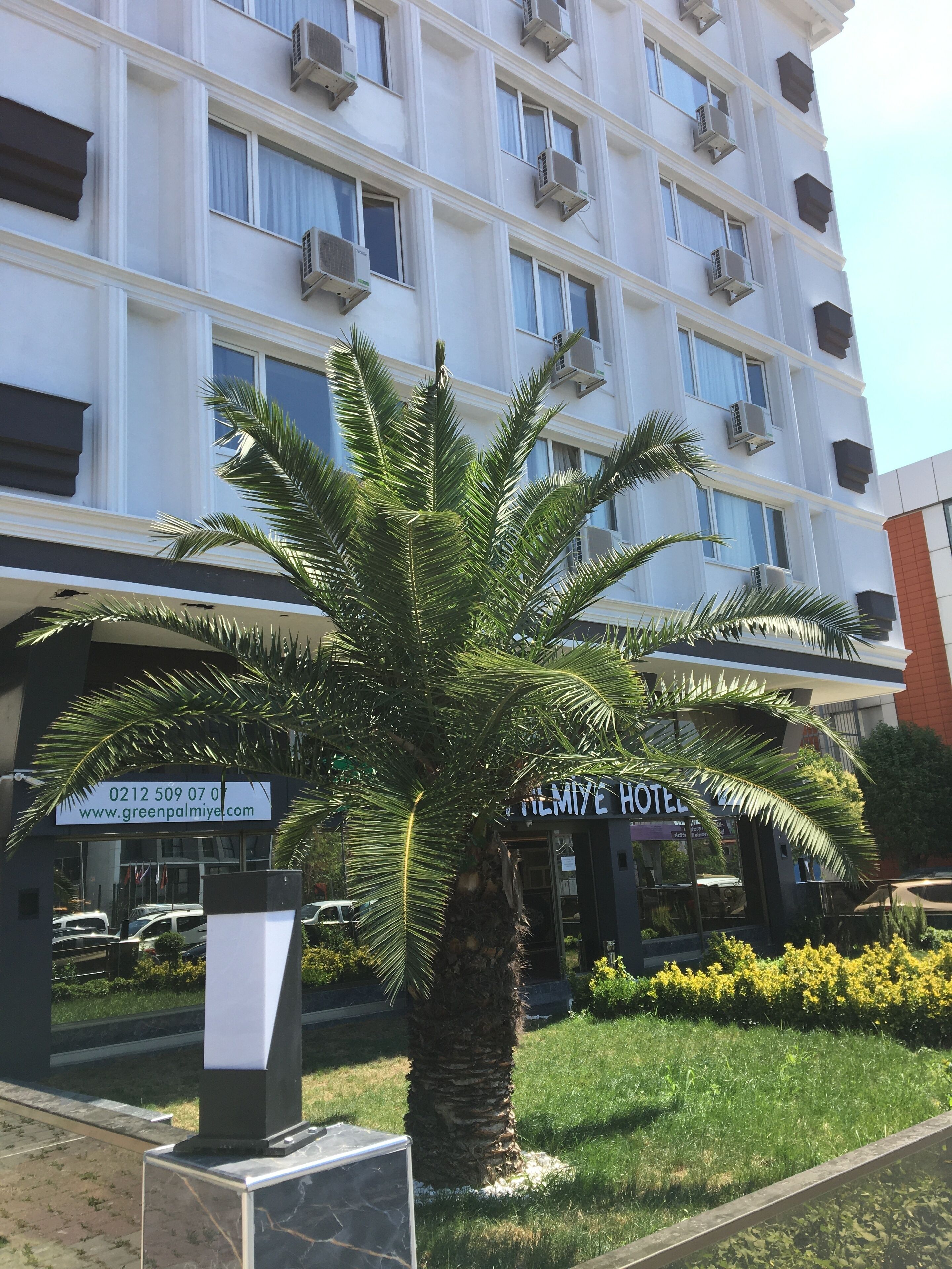 Ein Hotel mit mehreren Etagen, Klimaanlagen und einer Palme im Vordergrund.