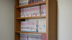 Une bibliothèque avec plusieurs rangées de mangas.