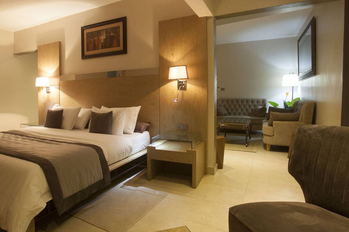 Una habitación de hotel con una cama, mesitas de noche, una silla, un sofá y un televisor.