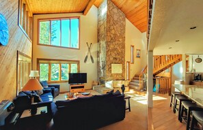 Smart TV, fireplace, video games, DVD player