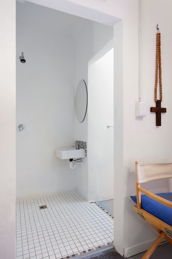 A bathroom with a shower, a sink, and a mirror. - Karoo Pandok (Kopanong)
