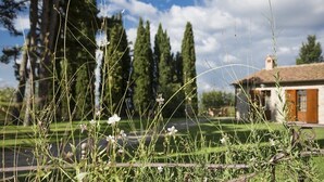 A rustic house with a garden in the foreground and tall trees in the background. - CASA DARIO APARTMENT 5 (Castellina in Chianti (SI), Italia)