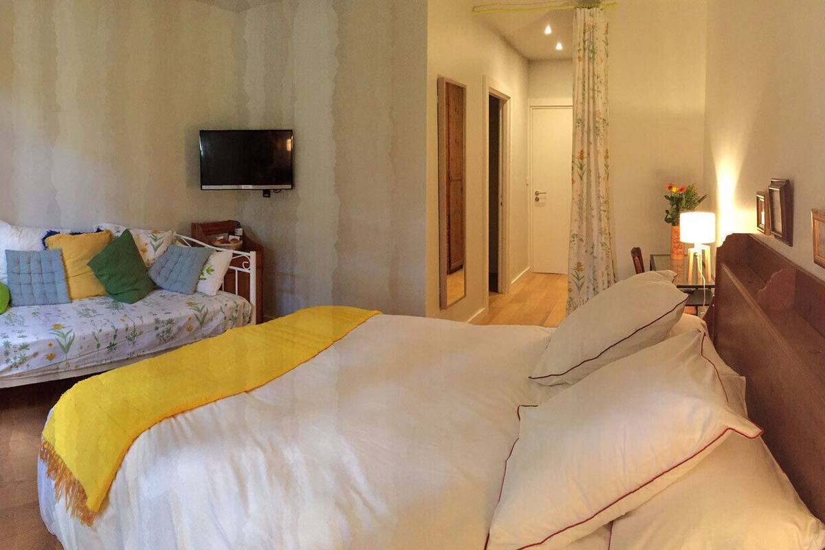 A bedroom with a bed, a sofa, a television, and a door leading to another room.