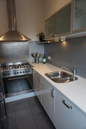 Fridge, dishwasher, coffee/tea maker, cookware/dishes/utensils