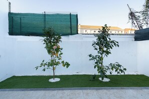 garden oasis with two young trees and lush greenery, surrounded by a white wall and green mesh screen.