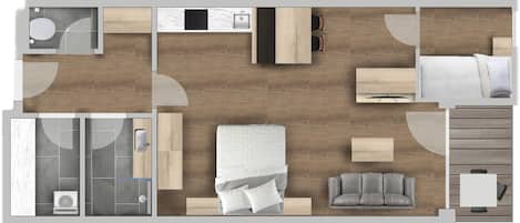 Distribución de una habitación de hotel con cama, sofá, escritorio, silla, baño y zona de cocina.