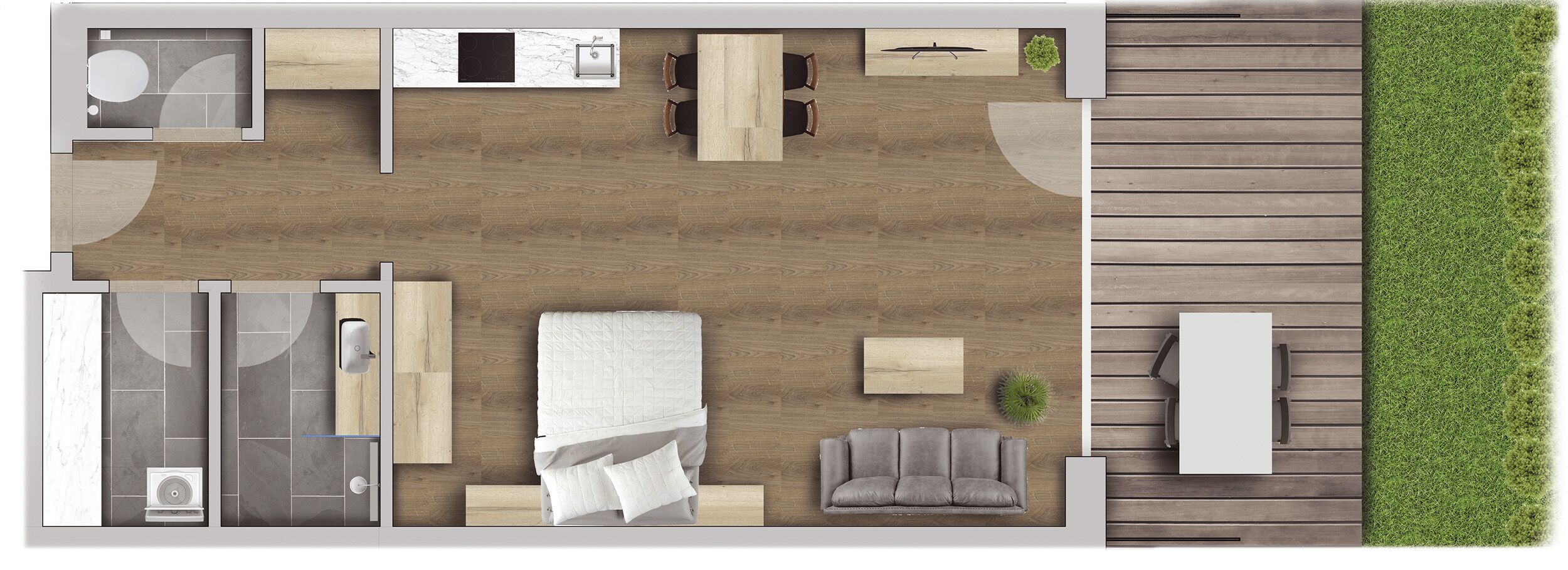 A modern apartment layout with a living area, kitchen, and separate bedrooms.