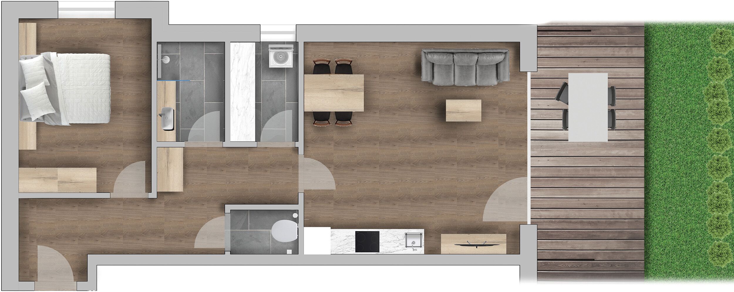 Grundriss eines Hotelzimmers mit Bett, Badezimmer, einer kleinen Küche und einer Sitzecke.