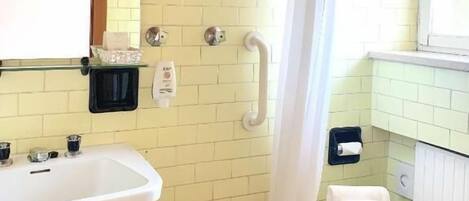 Un baño con un lavabo blanco, un inodoro y una cortina de ducha.