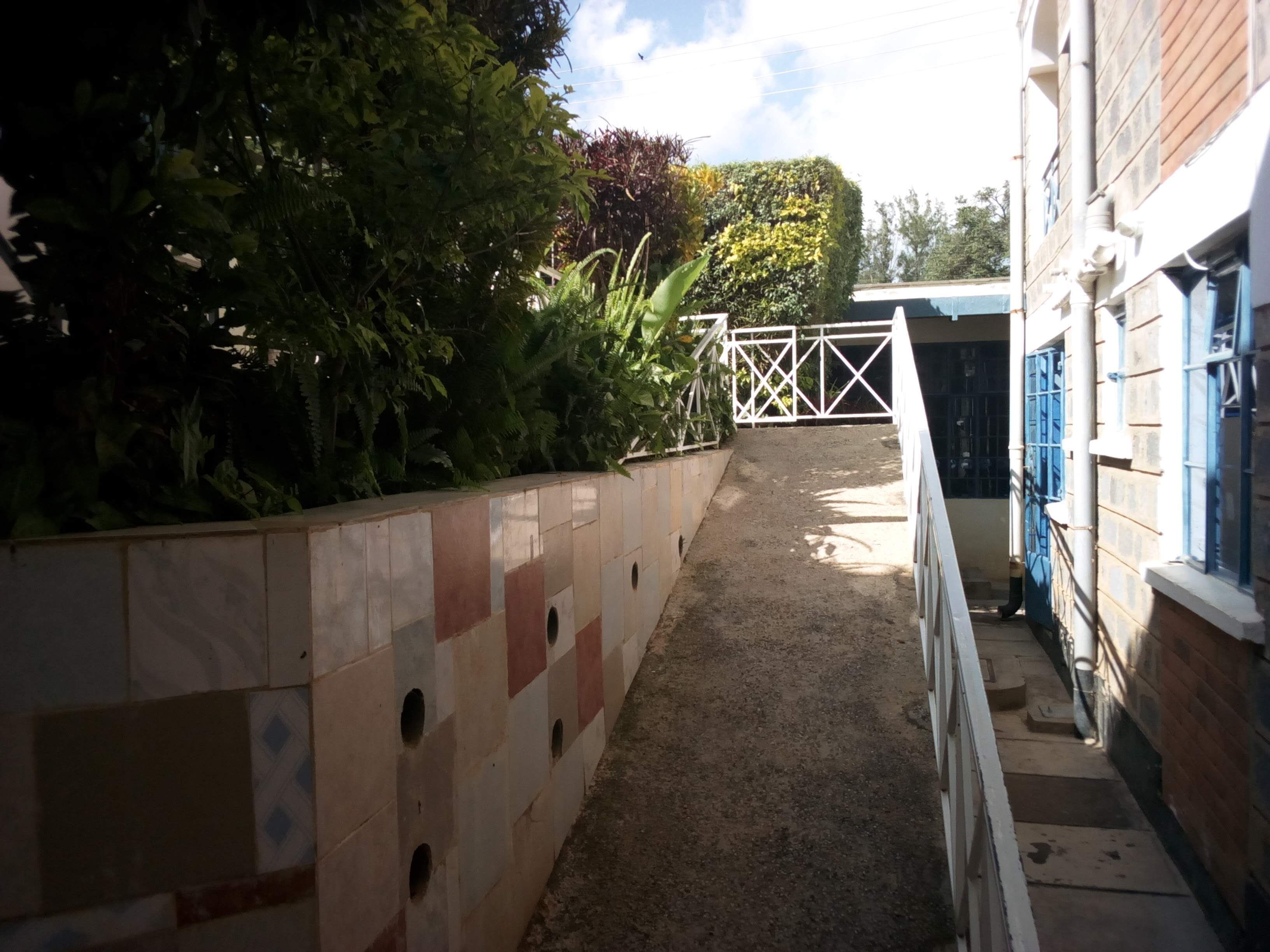 Un sendero estrecho conduce a una entrada con portón, bordeado por un muro con baldosas decorativas y abundante vegetación.