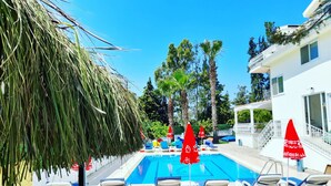 Una piscina con sillones de descanso y sombrillas, rodeada de palmeras y un edificio blanco.