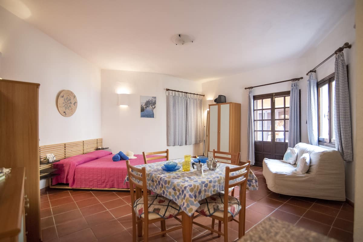 A cozy room with a dining table, chairs, a sofa, a wardrobe, and a window with curtains.