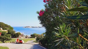 A paved pathway leading to a coastal area with a scooter parked on the side. - Le Residenze La Marmorata (Santa Teresa di Gallura)