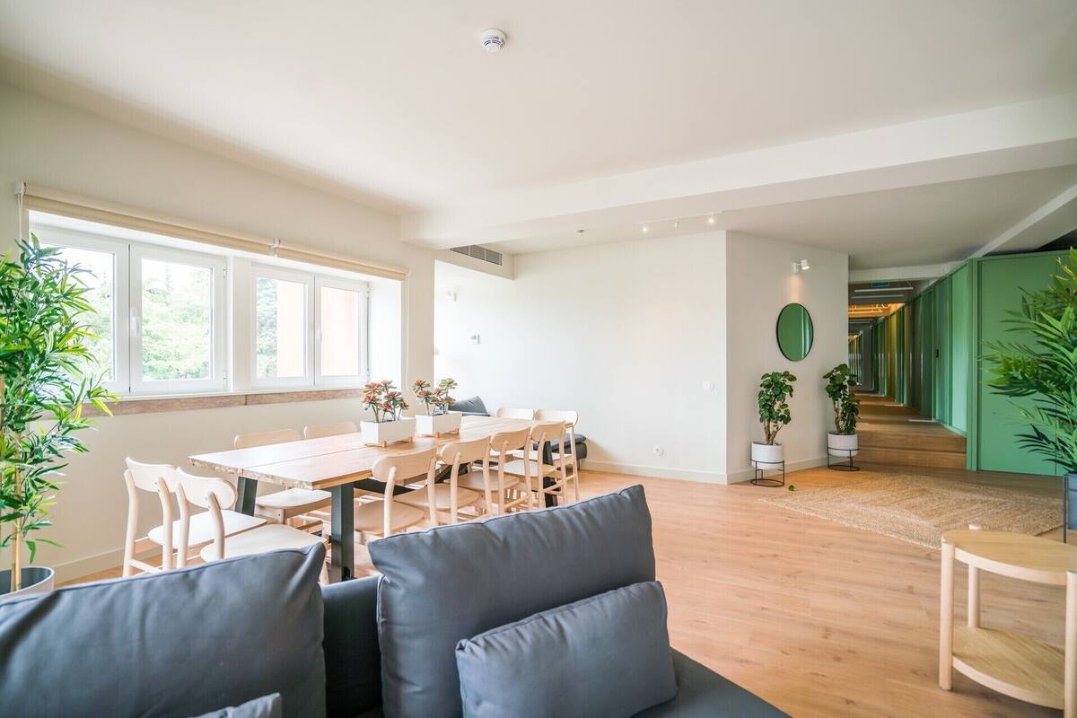 A spacious living area with a dining table, multiple chairs, a sofa, and potted plants.