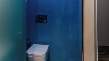 A small, enclosed bathroom with a toilet and a wall-mounted flush handle.