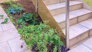 A set of outdoor stairs with metal railings leading to a building entrance. - Steiner Residences Vorgartenstrasse (Vienna)