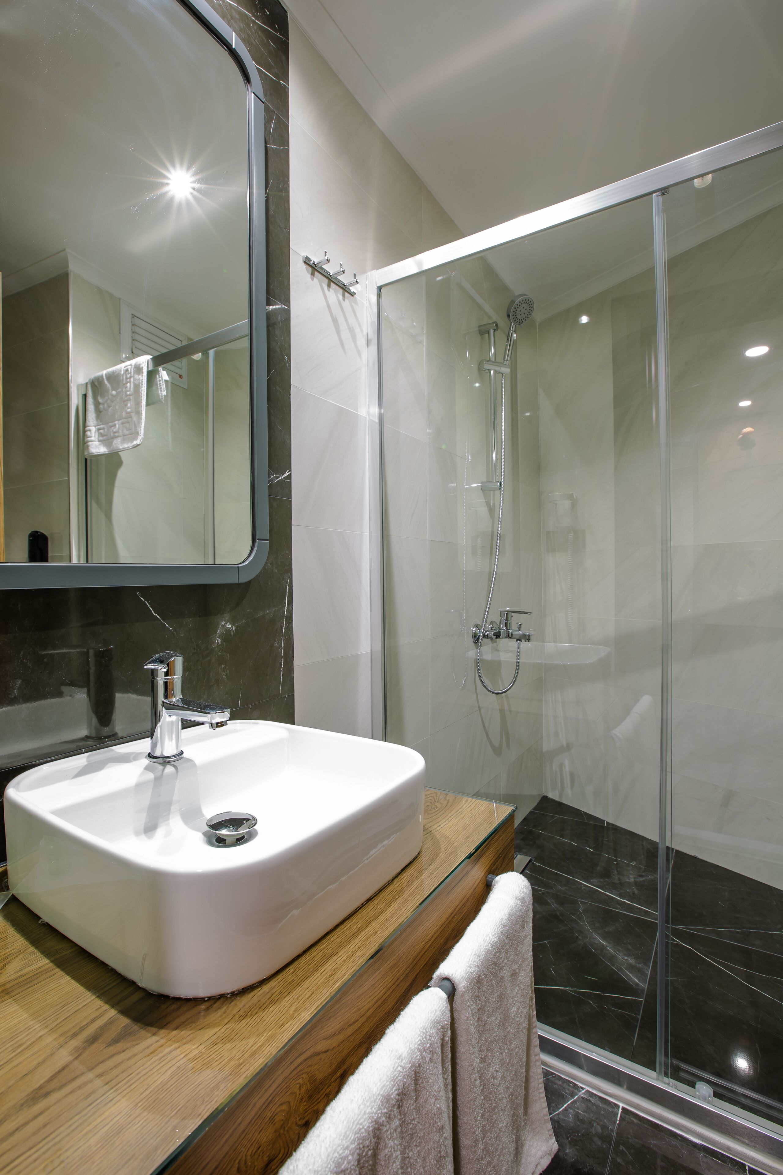 shower, slippers, towels