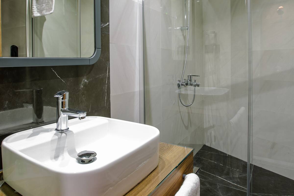 shower, slippers, towels