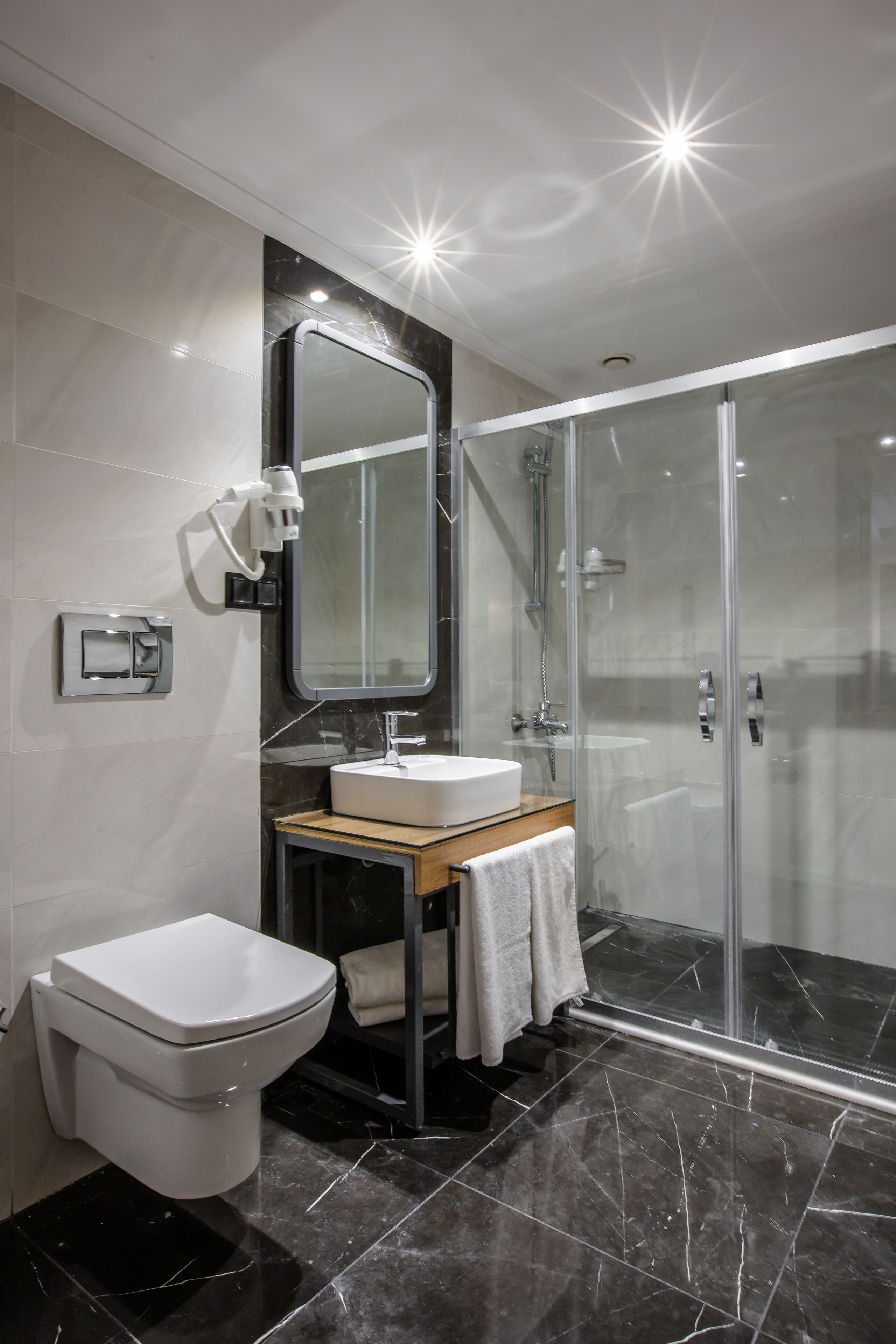 shower, slippers, towels