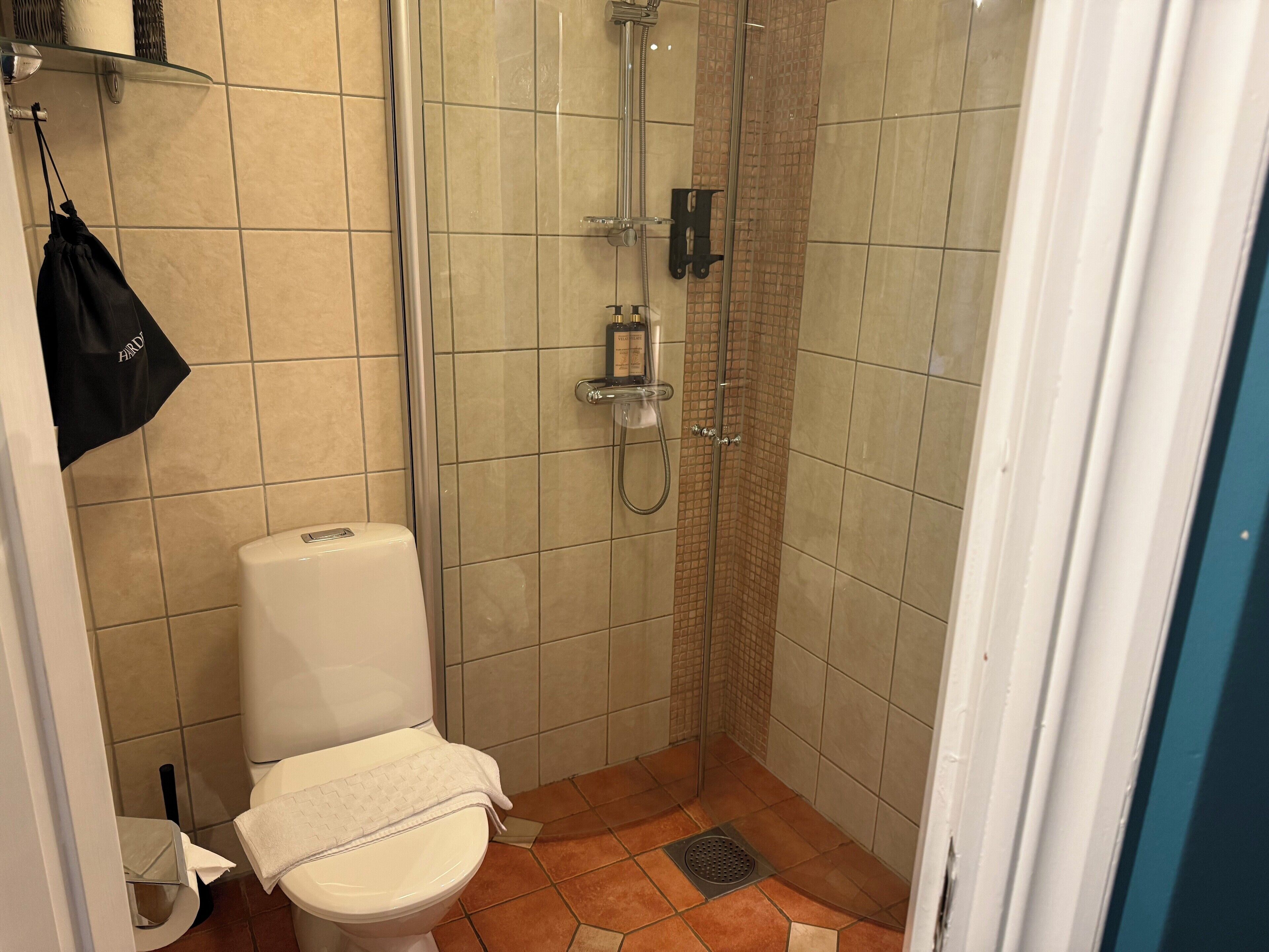 Ett litet badrum med kakel på väggarna, utrustat med toalett, dusch och en handduk som hänger på väggen.