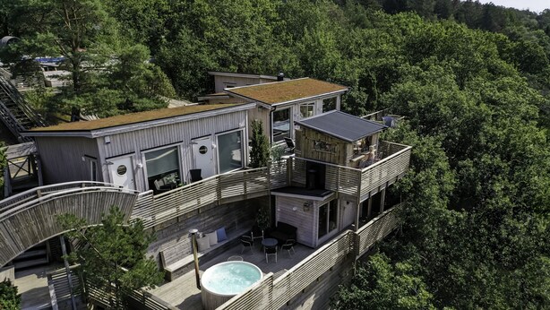 A modern multi-story house with a rooftop pool, surrounded by dense forest.