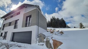 A modern two-story house with a garage, surrounded by snow and rocks. - Adlernest (Feldberg)