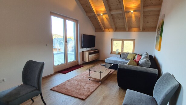 A living room with a sofa, a coffee table, a TV, and a wooden ceiling. - Adlernest (Feldberg)