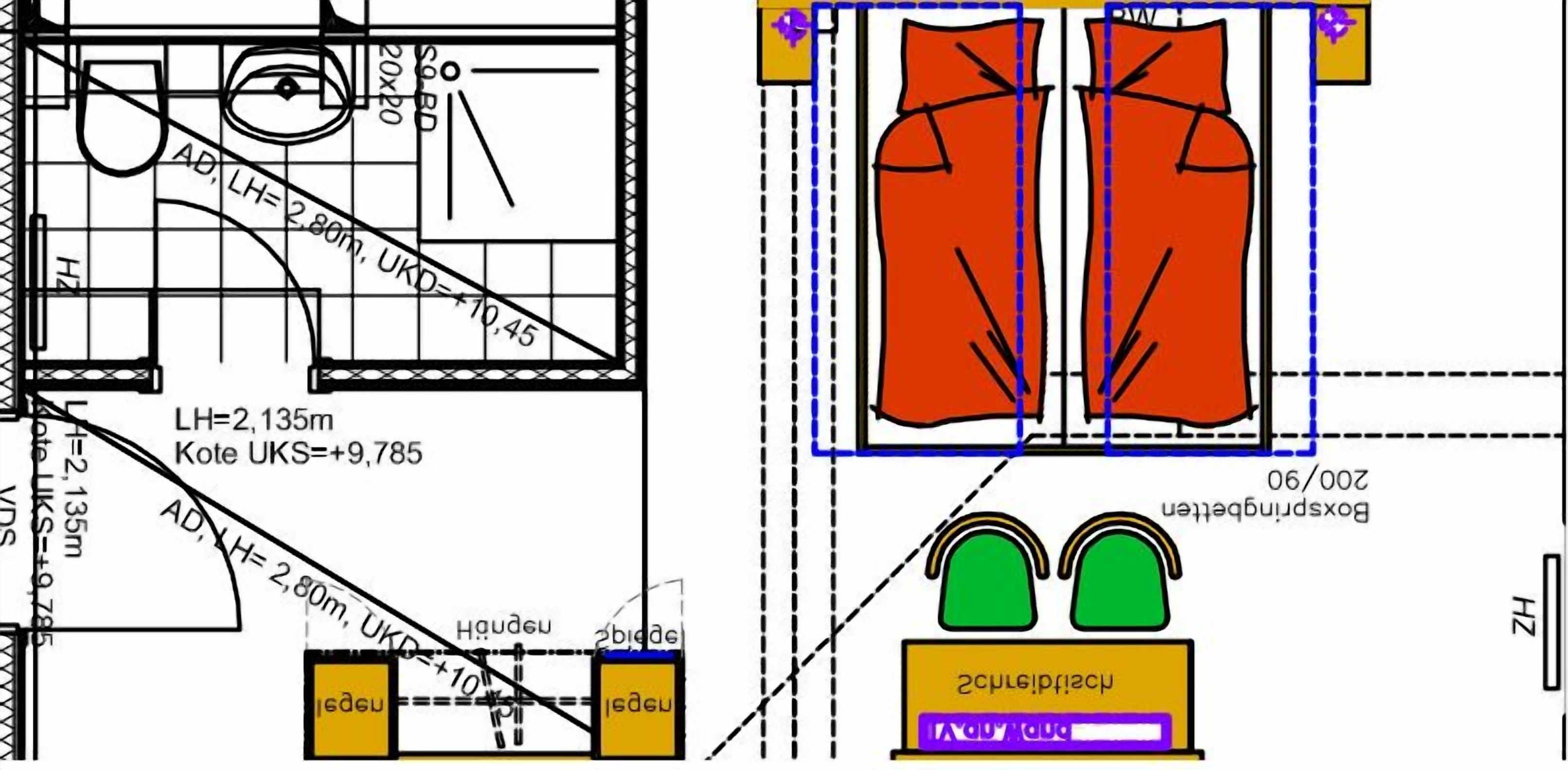 A floor plan with a large room, two smaller rooms, and a bathroom.
