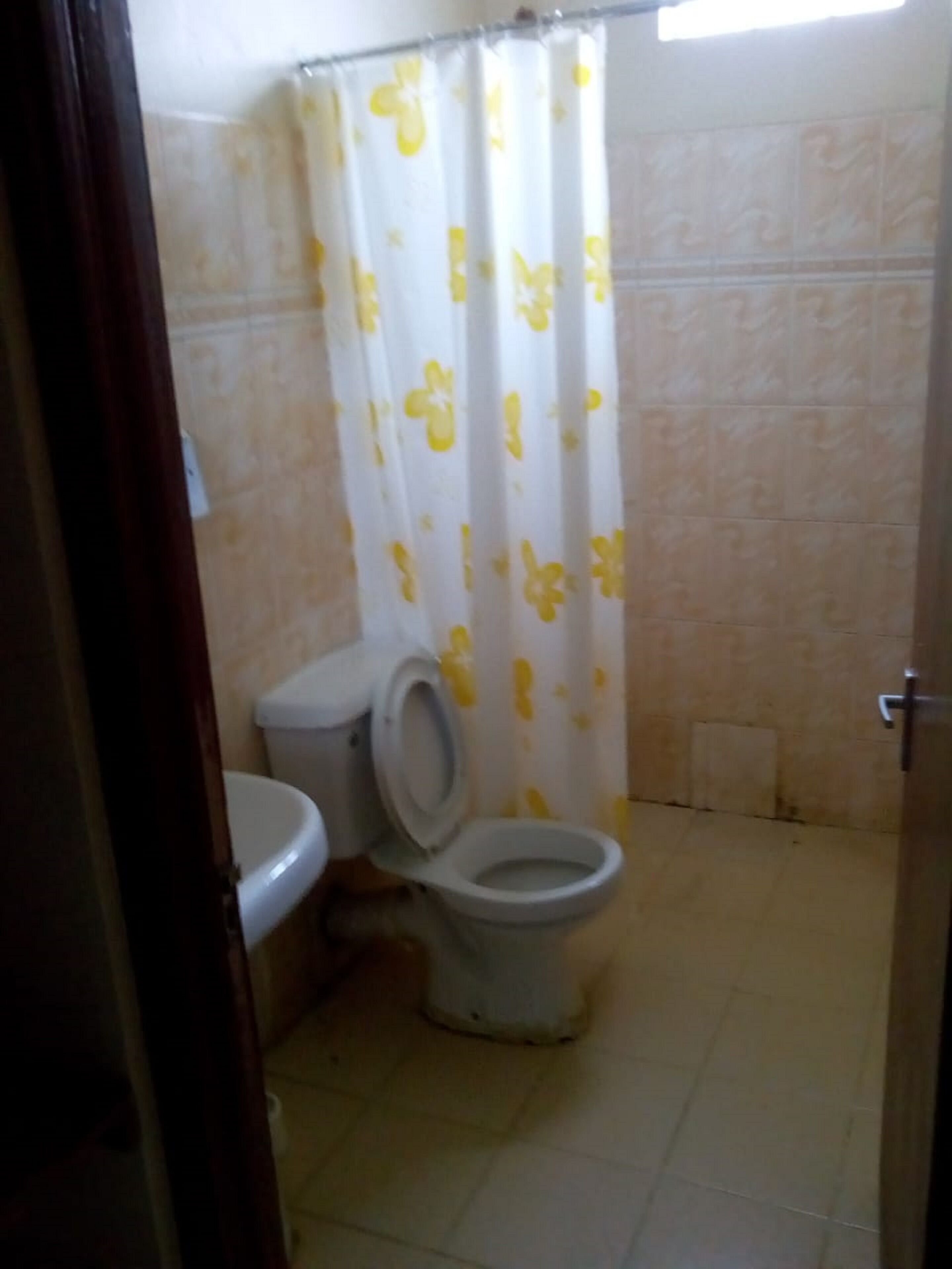 A small bathroom with a toilet and a shower curtain with a floral pattern.