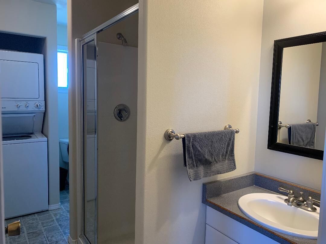 Hair dryer, towels, soap, toilet paper