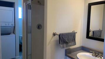 Hair dryer, towels, soap, toilet paper