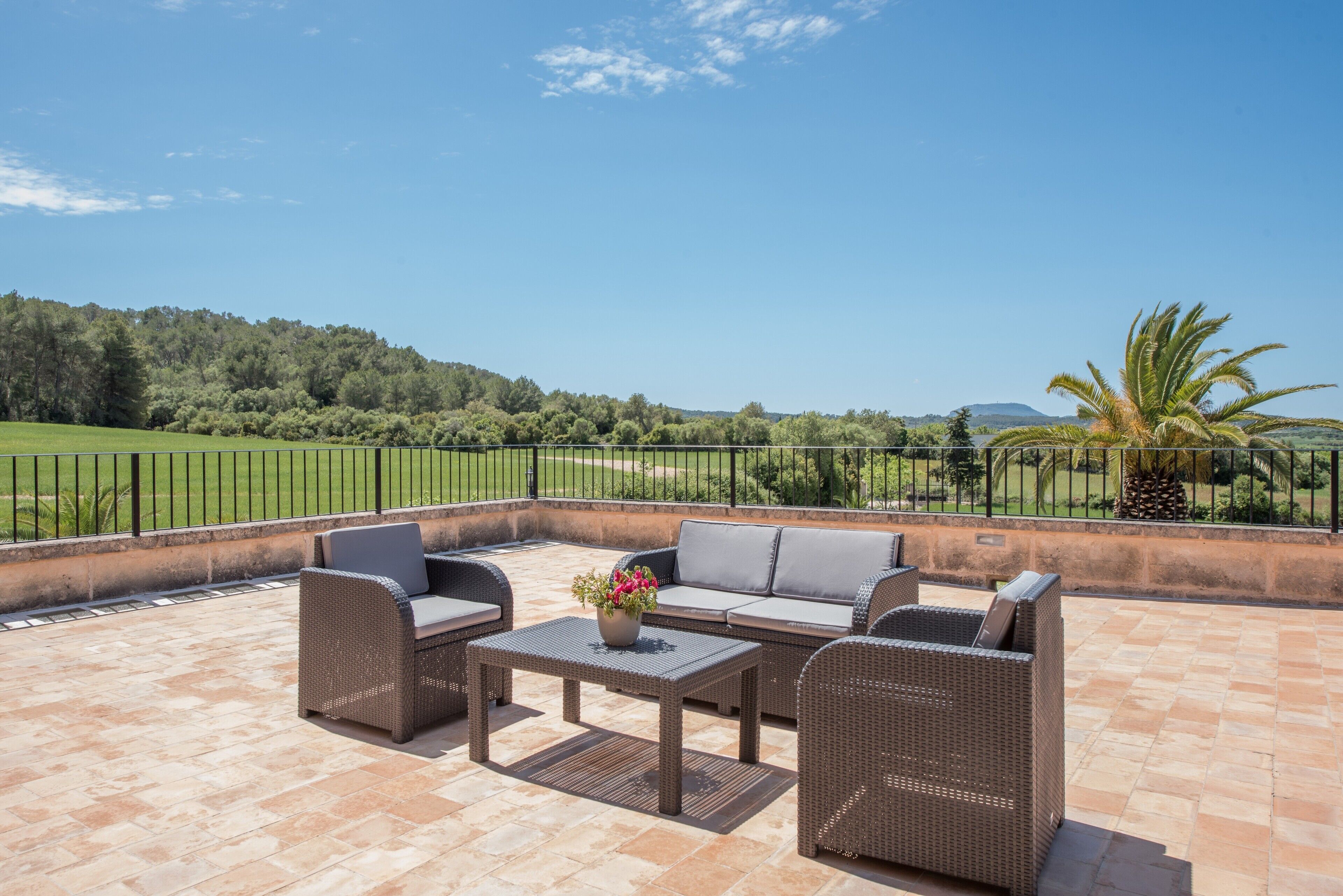 Un patio al aire libre con mobiliario de mimbre, una mesa con un florero y vistas a un paisaje verde.