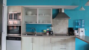 A kitchen with a built-in microwave, oven, and dishwasher. There is a sink, a blender, and a coffee maker. - Casa Mandarina Cozumel (Cozumel)