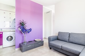 A modern living room with a grey sofa, a purple accent wall, a washing machine, and a vase with flowers.