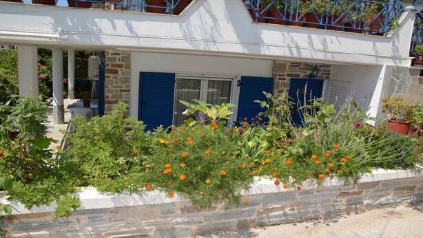Un bâtiment blanc avec des volets bleus, une façade en pierre et un balcon agrémenté de plantes en pot.
