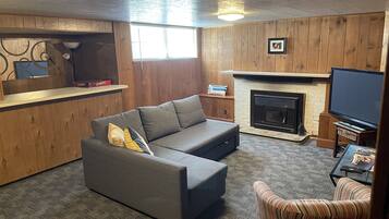 Smart TV, fireplace, DVD player, books