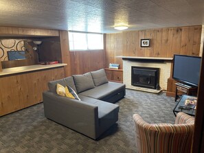 Smart TV, fireplace, DVD player, books