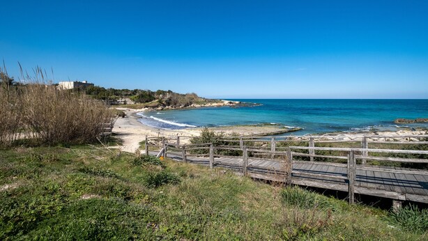 A coastal landscape with a wooden boardwalk leading to a beach, clear skies, and distant buildings.