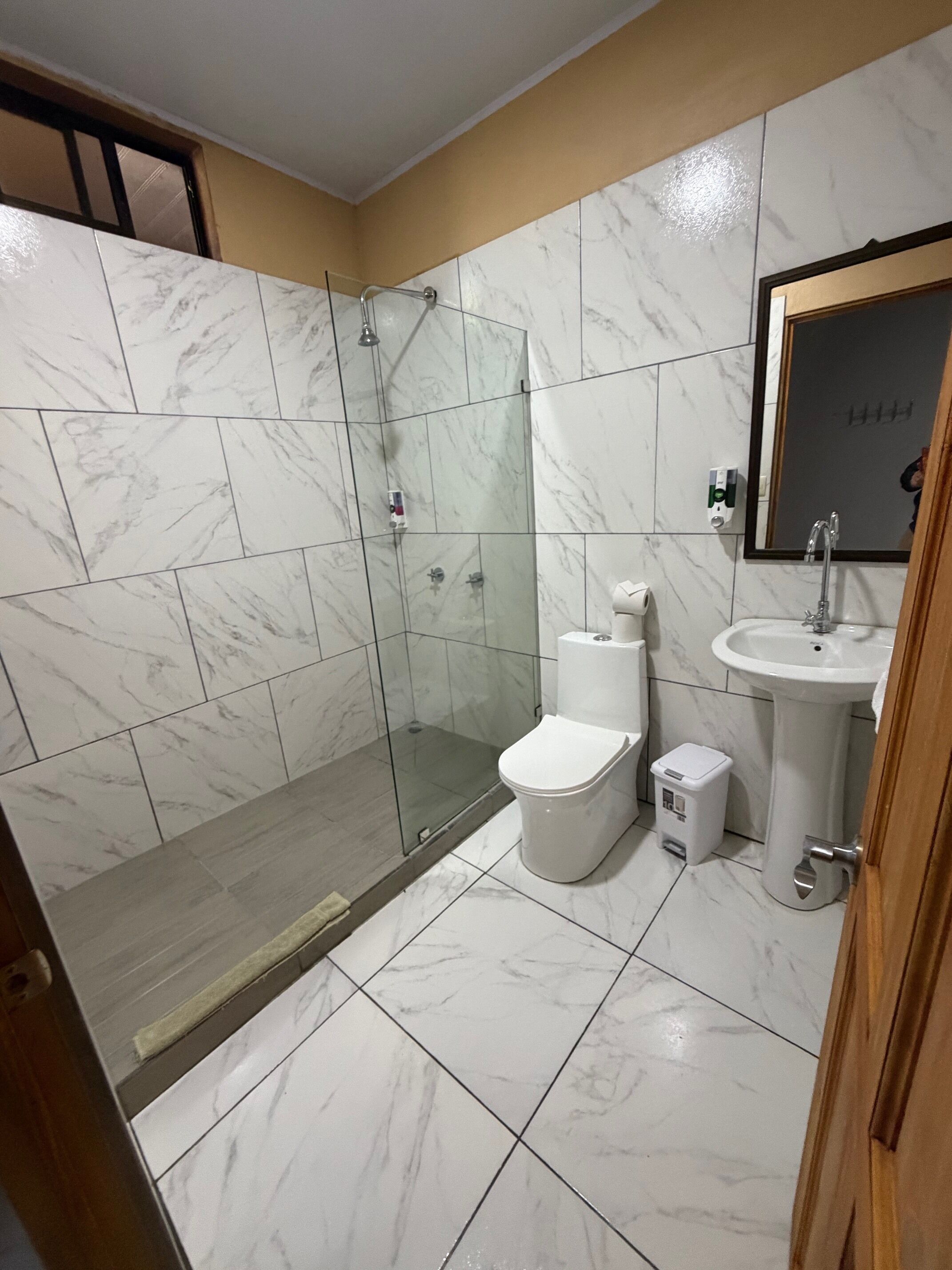 Un baño con ducha envuelta en vidrio, inodoro y lavabo.